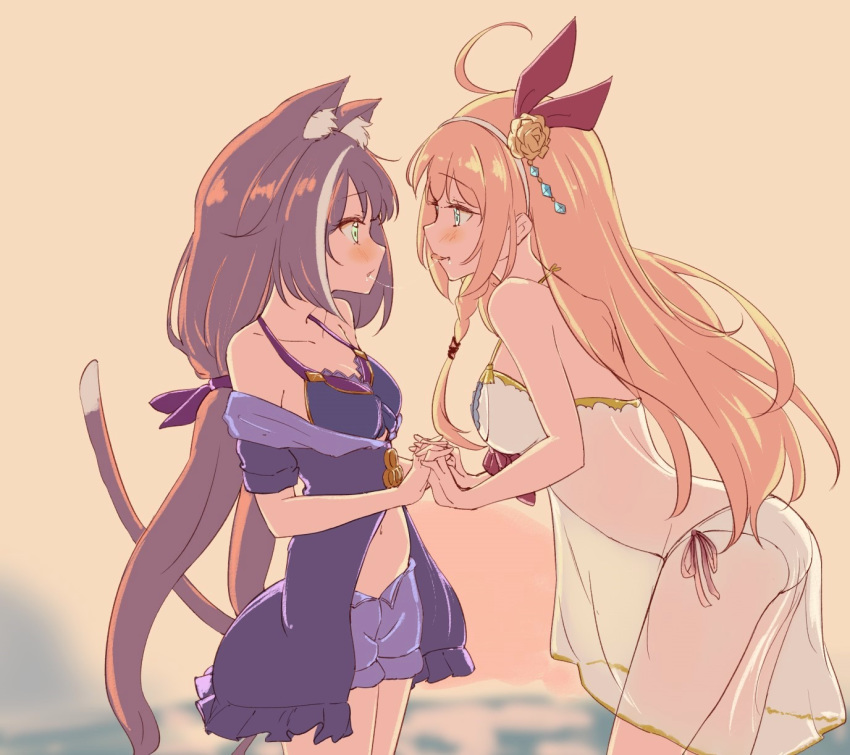 2girls, ahoge, animal_ear_fluff, animal_ears, bikini, black_bikini, black_hair, blue_eyes, blush, breasts, cat_ears, cat_tail, chocomoch, collarbone, commentary_request, eye_contact, eyebrows_visible_through_hair, green_eyes, hair_ribbon, hairband, highres, interlocked_fingers, karyl_(princess_connect!), long_hair, looking_at_another, low_twintails, medium_breasts, multicolored_hair, multiple_girls, orange_hair, pecorine, princess_connect!, princess_connect!_re:dive, purple_ribbon, purple_shorts, red_ribbon, ribbon, saliva, saliva_trail, shorts, side-tie_bikini, streaked_hair, swimsuit, tail, tongue, tongue_out, twintails, white_bikini, white_hair, white_hairband, yuri