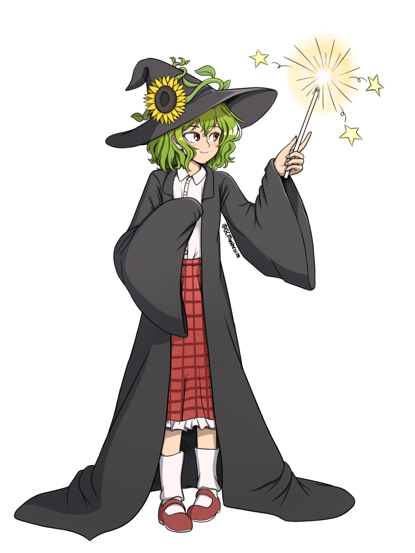1girl, adapted_costume, alternate_costume, arm_up, bangs, black_headwear, black_robe, blush