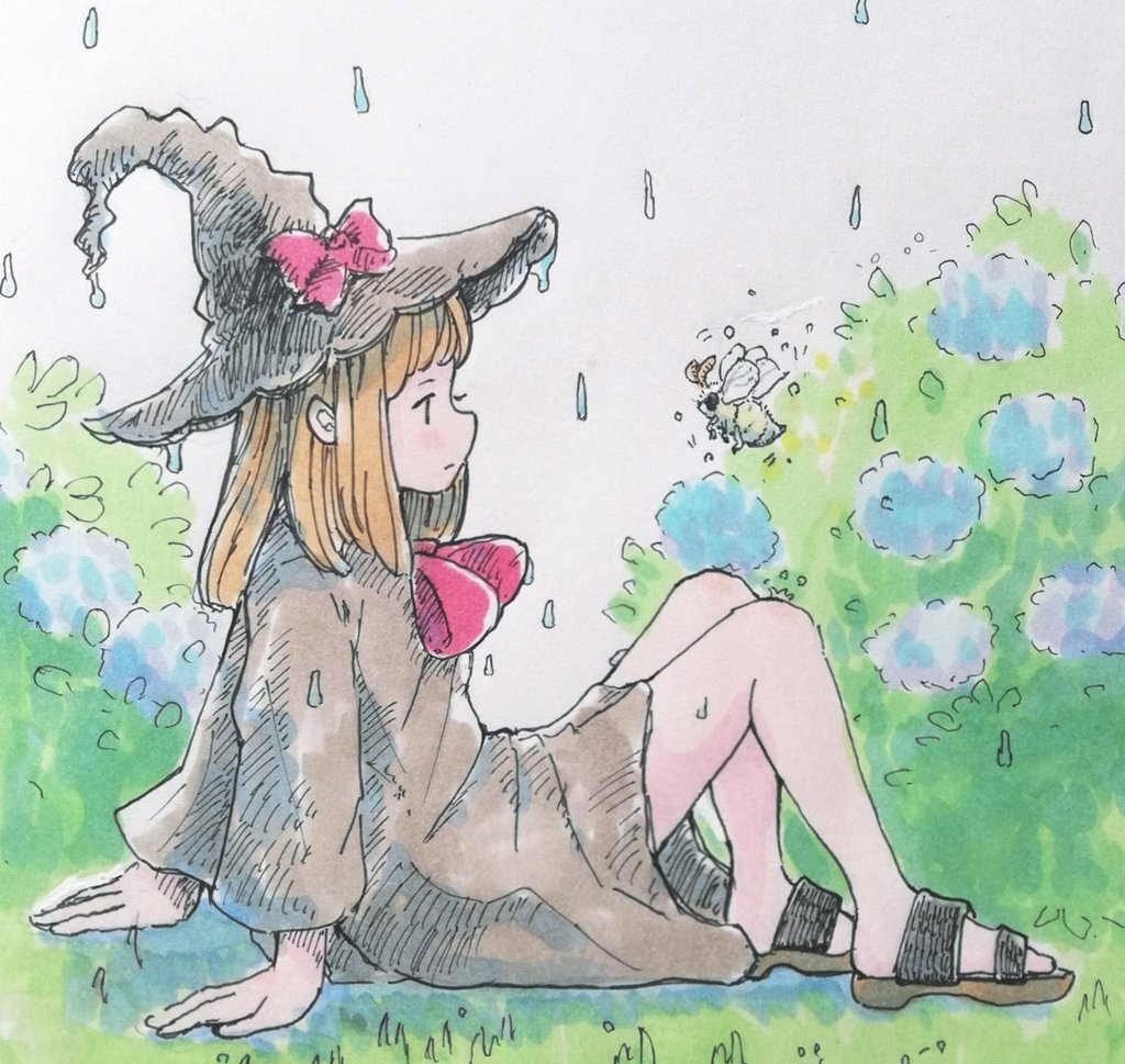 1girl, bare_legs, bee, bug, commentary, flower, hat, hydrangea, insect, medium_hair, orange_hair, original, porankaran, rain, robe, sandals, sitting, witch, witch_hat