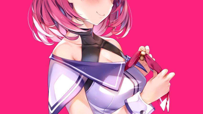 1girl, amaki_okome, highres, misaki_kurehito, necktie, okome_channel, pink_background, pink_hair