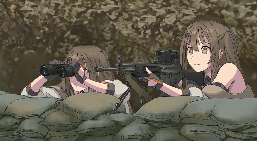2girls, aiming, binoculars, bipod, brown_eyes, brown_hair, daewoo_k2, dress