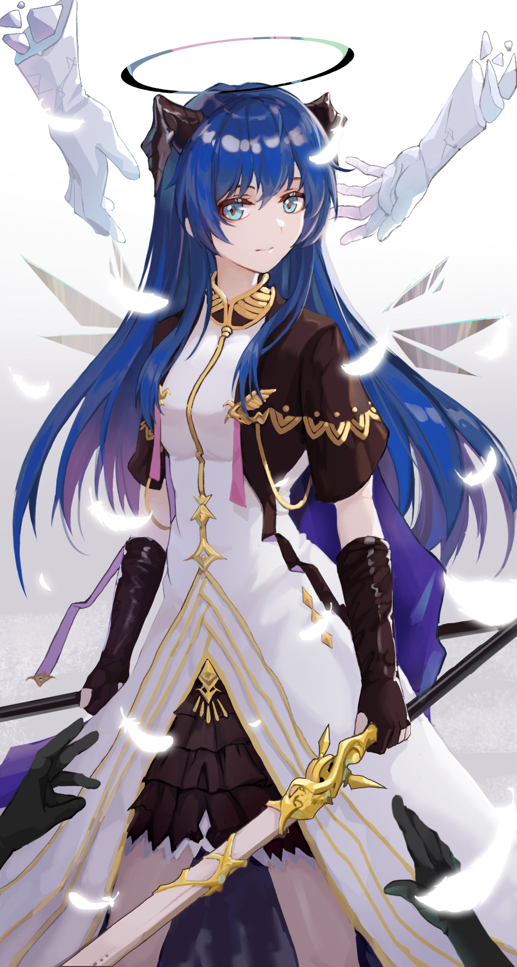 1girl, alternate_costume, arknights, bangs, black_gloves, blue_eyes, blue_hair, cowboy_shot