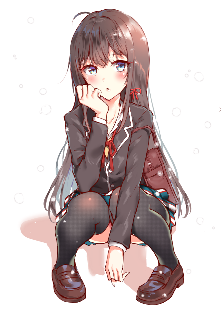 1girl, :o, ahoge, bag, black_hair, black_jacket, black_legwear, blazer