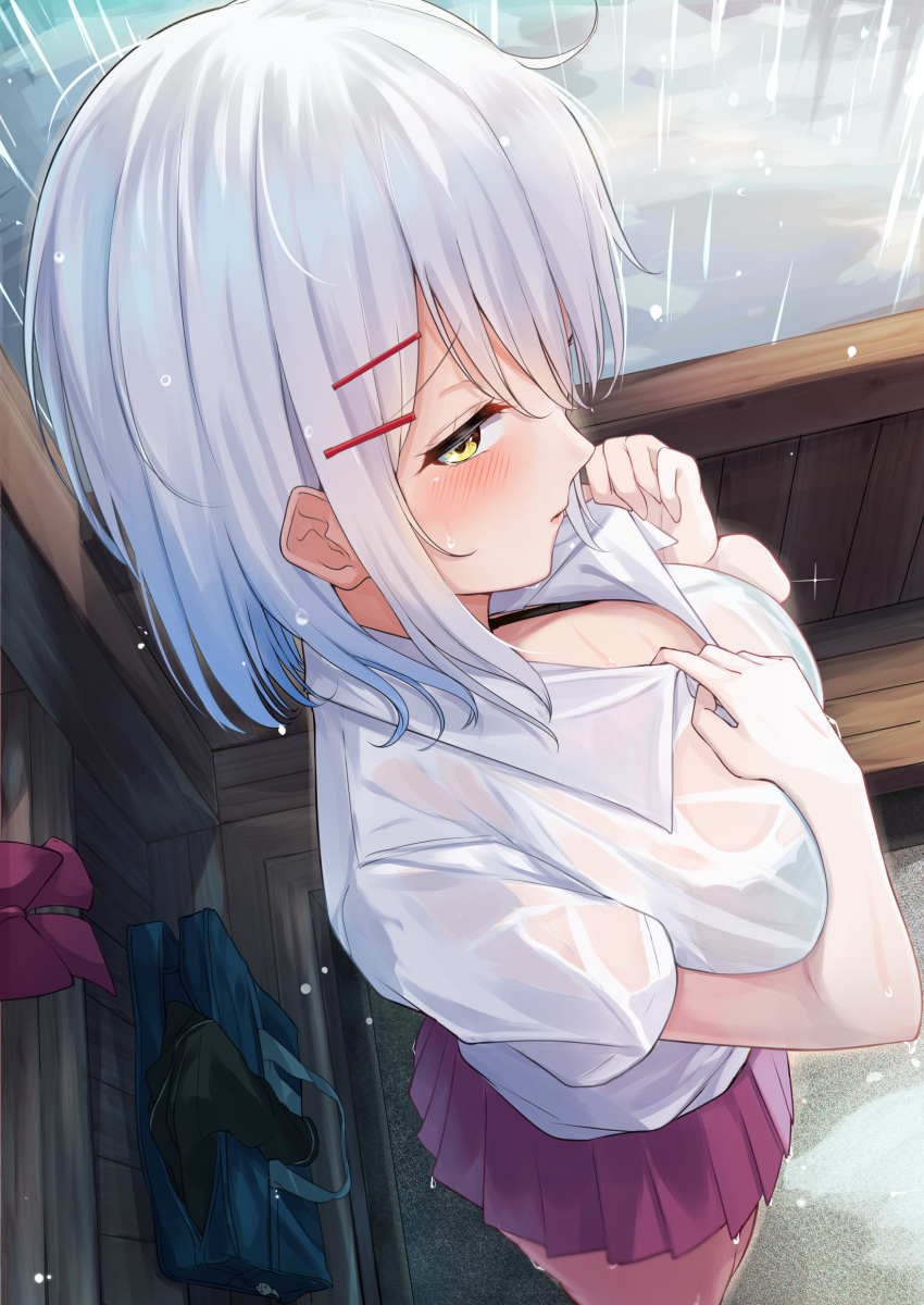 1girl, absurdres, bag, bangs, black_bra, blush, bra, breasts, collared_shirt, commentary_request, eyebrows_visible_through_hair, from_above, hair_ornament, hairclip, highres, igayan, large_breasts, legwear_removed, looking_at_viewer, neckwear_removed, original, parted_lips, pleated_skirt, purple_skirt, rain, school_bag, school_uniform, see-through, shirt, shirt_pull, sidelocks, skirt, underwear, uniform, water_drop, wet, wet_clothes, white_hair, white_shirt, yellow_eyes