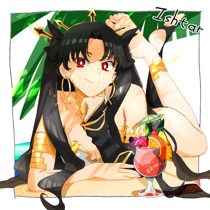 1girl, armlet, asymmetrical_legwear, asymmetrical_sleeves, bangs, beach, black_hair, character_name, chin_rest, cocktail, cocktail_glass, commentary_request, crossed_legs, crown, cup, detached_sleeves, drinking_glass, earrings, elbow_gloves, fate/grand_order, fate_(series), food, fruit, gloves, hand_on_own_chin, highres, hoop_earrings, iris_(tb33064667), ishtar_(fate)_(all), ishtar_(fate/grand_order), jewelry, legs_together, legs_up, long_hair, looking_at_viewer, lying, neck_ring, on_stomach, palm_leaf, palm_tree, parted_bangs, red_eyes, sand, single_detached_sleeve, single_elbow_glove, single_sleeve, single_thighhigh, smile, smug, solo, thigh-highs, tiara, toeless_legwear, tree, two_side_up