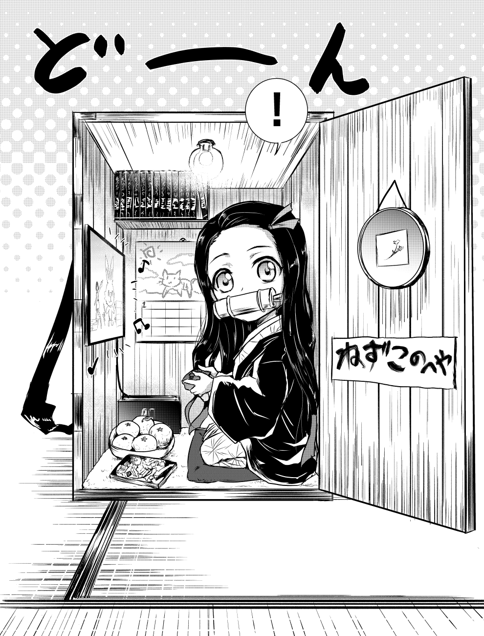 1girl, bamboo, bit_gag, black_hair, box, checkered_obi, cushion, forehead, gag, game_console, hair_ribbon, highres, holding_handheld_game_console, in_box, in_container, japanese_clothes, joy-con, kamado_nezuko, kimetsu_no_yaiba, kimono, kuboken, long_hair, looking_at_viewer, monochrome, mouth_hold, nintendo, nintendo_switch, playing_games, pokemon, ribbon, seiza, sitting, wooden_box