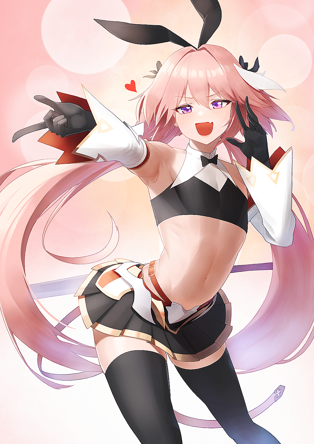 1boy, arched_back, astolfo_(fate), astolfo_(saber)_(fate), bangs, black_bow, black_gloves, black_legwear
