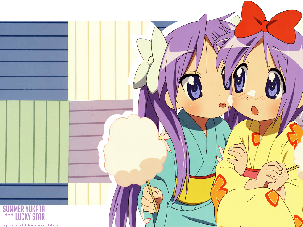 1024x768, 2girls, blush, cotton_candy, hair_ribbons, hiiragi_kagami, hiiragi_tsukasa, licking, lucky_star, sisters, tongue, twins, wallpaper, yukata, yuri