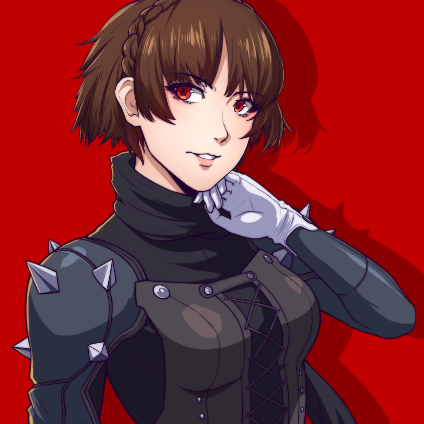 1girl, absurdres, blueriest, blush, braid, brown_hair, crown_braid, gloves