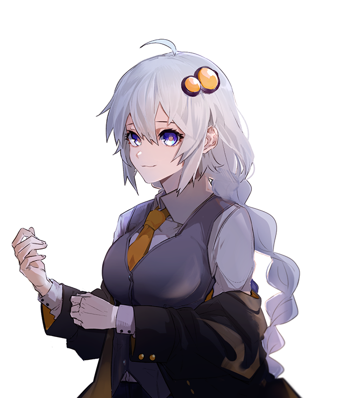 1girl, ahoge, bangs, black_jacket, blue_eyes, braid, breasts, closed_mouth, collar, collared_shirt, commentary, grey_hair, grey_vest, hair_between_eyes, hair_ornament, jacket, kizuna_akari, long_hair, long_sleeves, looking_at_viewer, necktie, off_shoulder, open_clothes, orange_neckwear, shirt, sidelocks, simple_background, smile, solo, twin_braids, twintails, upper_body, v_cho3, vest, vocaloid, voiceroid, white_background