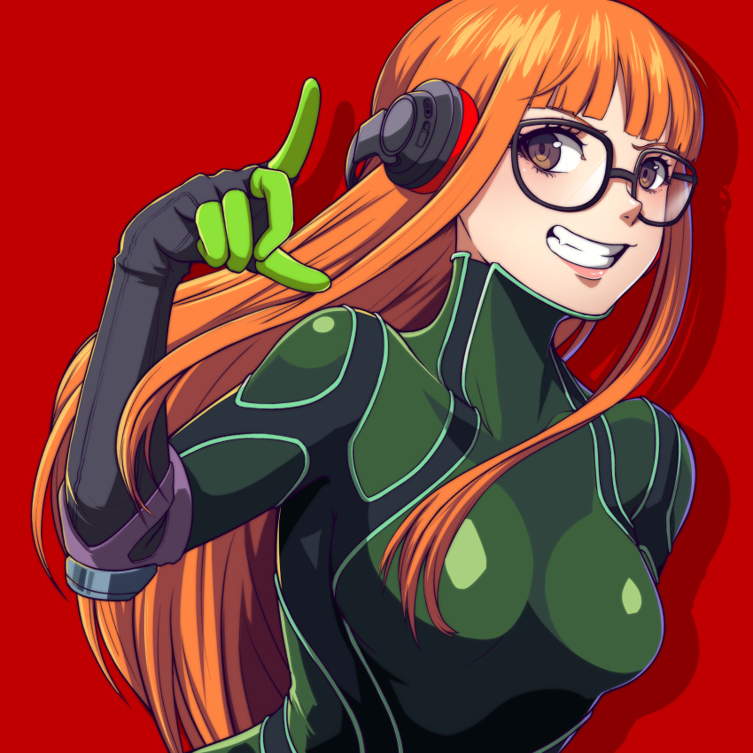 1girl, absurdres, behind-the-head_headphones, blueriest, brown_hair, glasses, green_jacket, headphones