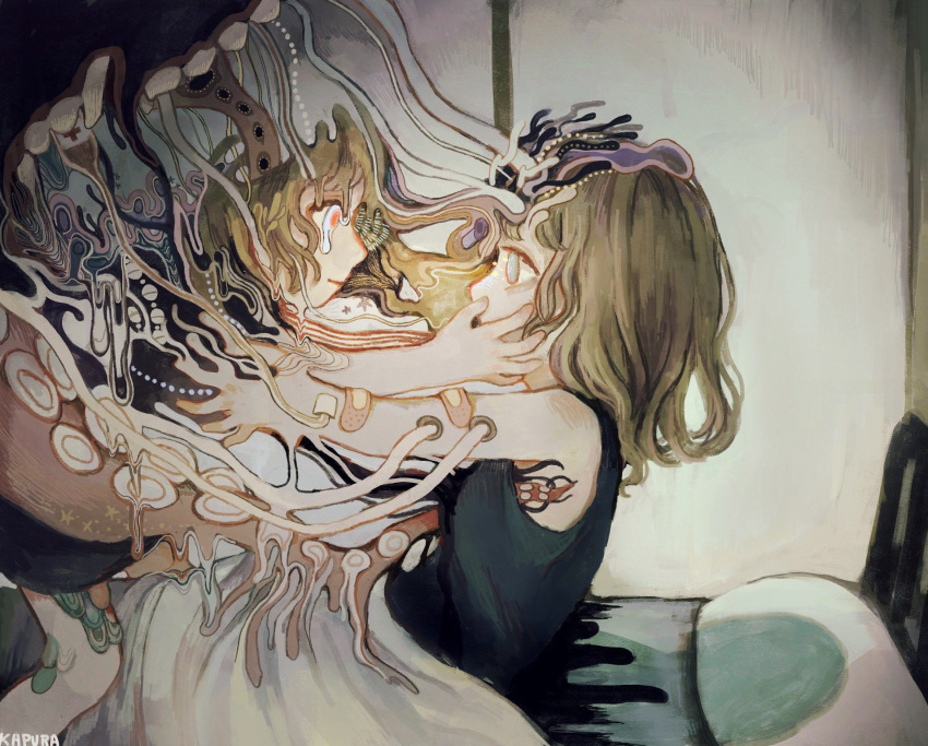 2girls, abstract, bandaid, black_shirt, blonde_hair, grey_eyes, highres, kapura, multiple_girls, orange_eyes, original, outstretched_arms, pillow, profile, shirt, signature, sitting, suction_cups, surreal, tears, tentacles, under_covers