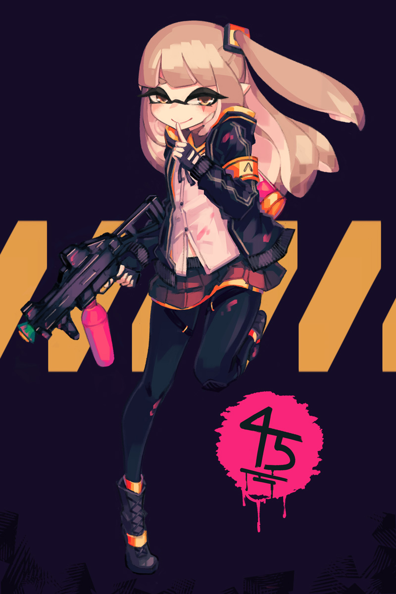 1girl, allen_(makaroll), armband, bangs, black_footwear, black_jacket, black_legwear, blunt_bangs