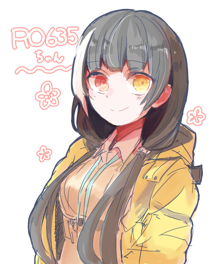 1girl, bangs, black_hair, character_name, closed_mouth, commentary_request, eyebrows_visible_through_hair, girls_frontline, heterochromia, highres, jacket, long_hair, looking_at_viewer, multicolored_hair, open_clothes, open_jacket, red_eyes, ro635_(girls_frontline), sena_yuuta, simple_background, skirt, smile, solo, streaked_hair, twintails, upper_body, white_background, white_hair, yellow_eyes, yellow_jacket
