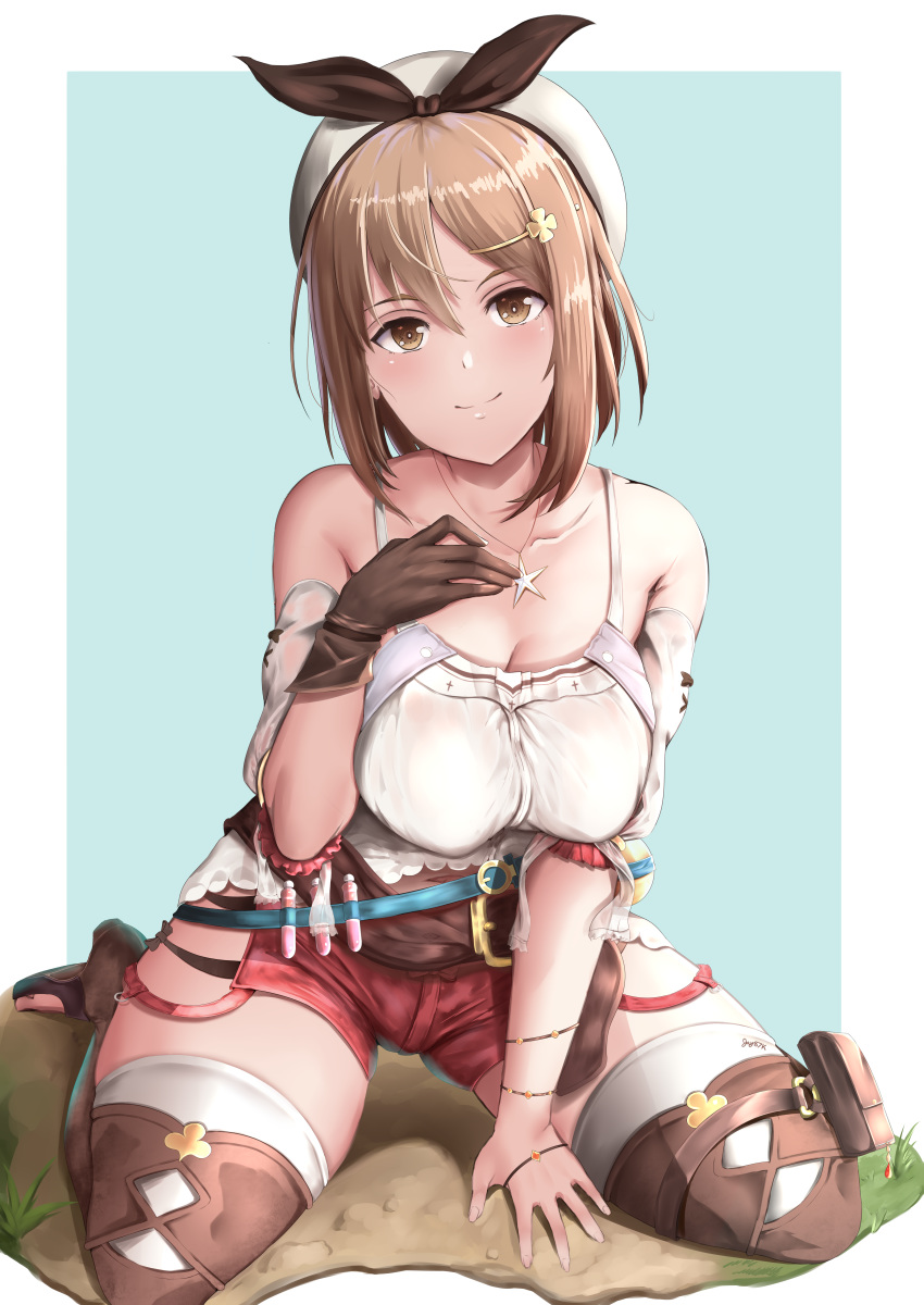 1girl, absurdres, atelier_(series), atelier_ryza, belt, breasts, brown_belt, brown_eyes