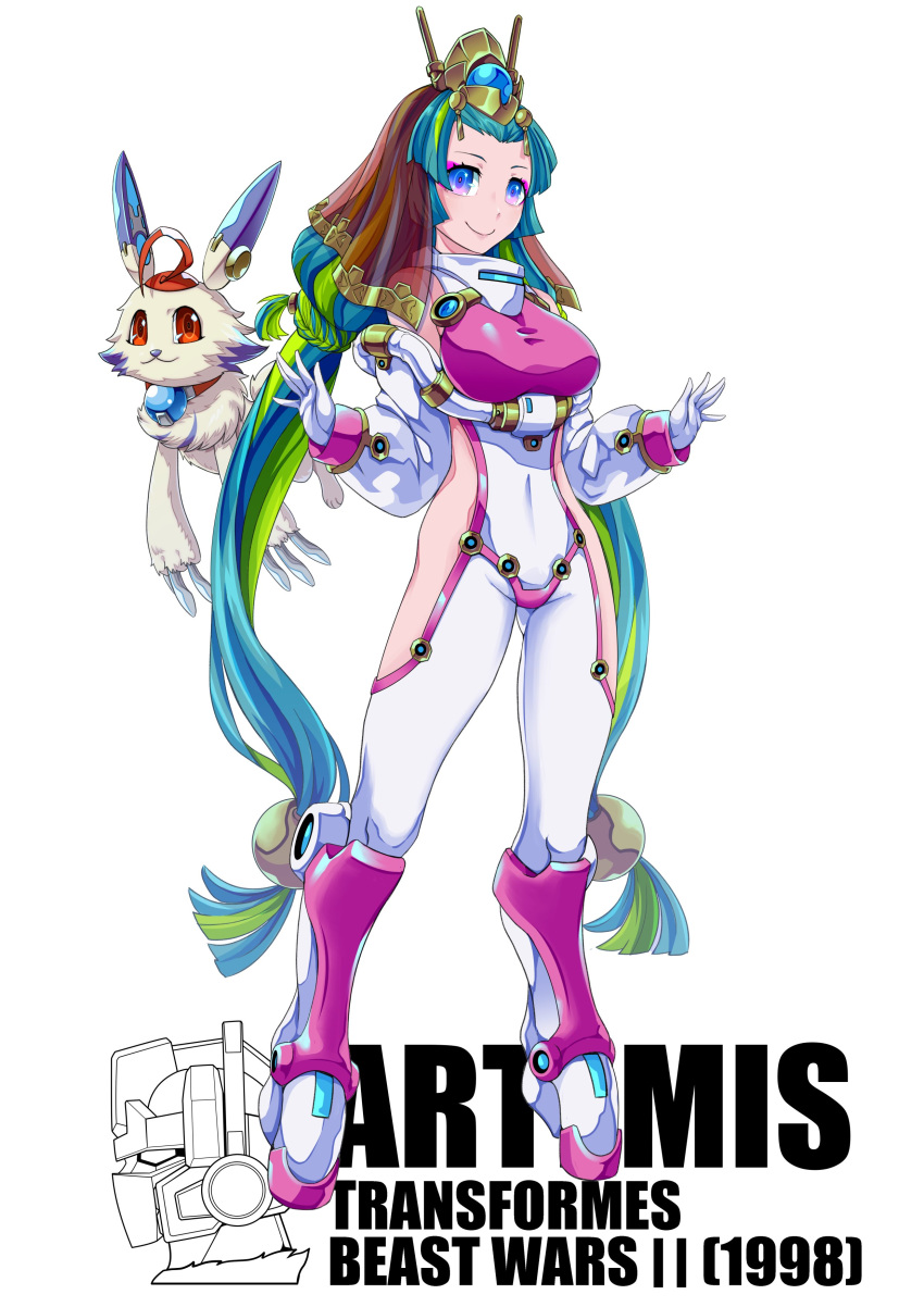 1girl, absurdres, animal, artemis_(beast_wars_ii), beast_wars_ii, blue_hair, breasts, copyright_name, gradient_eyes, highres, kamizono_(spookyhouse), lio_convoy, looking_at_viewer, medium_breasts, moon_(beast_wars_ii), multicolored, multicolored_eyes, open_hands, ranguage, standing, transformers, white_background