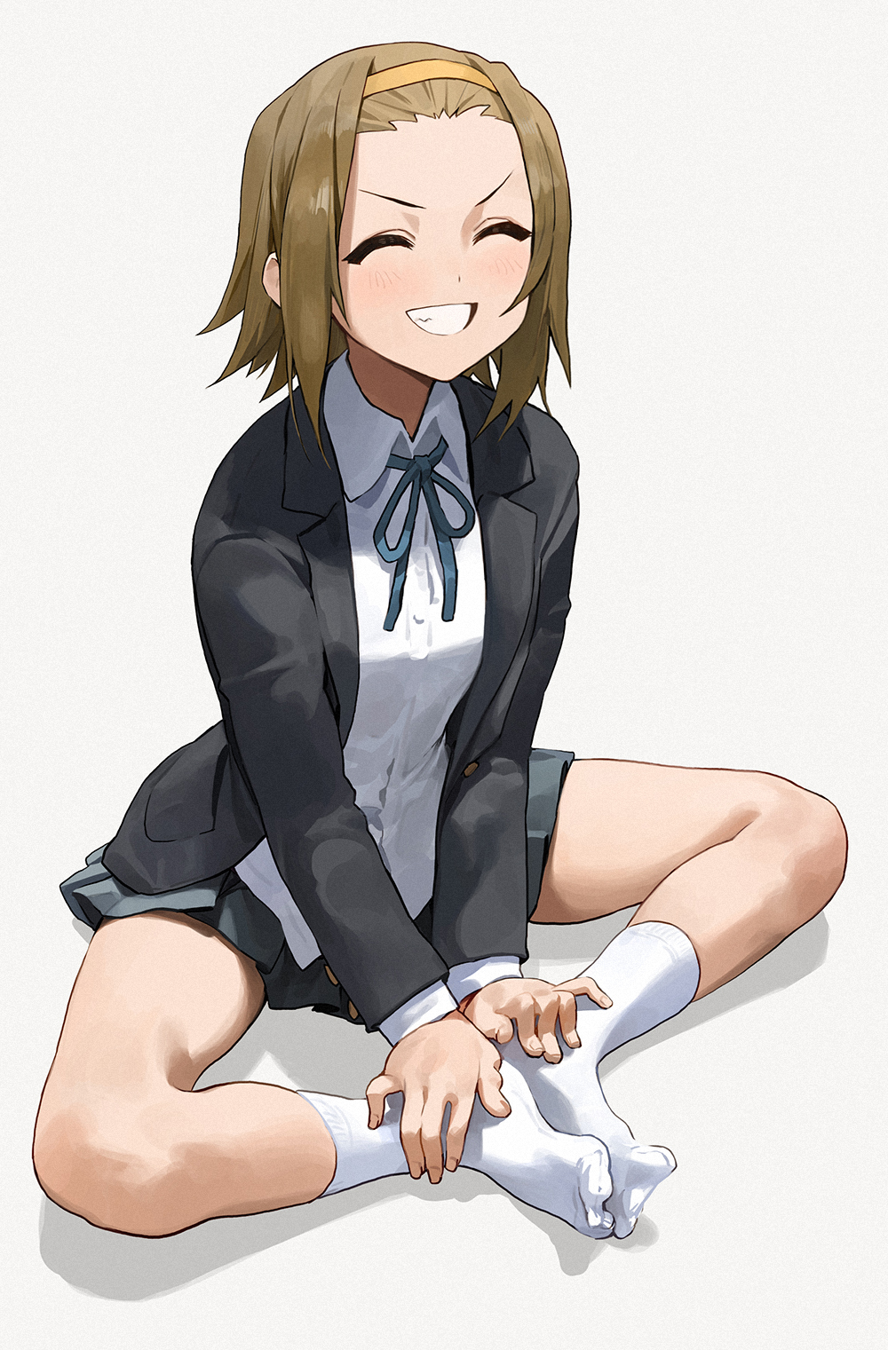 1girl, :d, ^_^, black_jacket, blazer, blue_neckwear, blue_ribbon, blush
