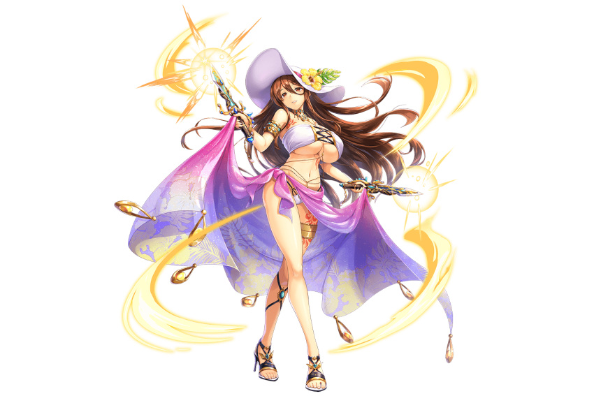 1girl, argos_(kami_project), armband, armpits, breasts, brown_eyes, brown_hair, dual_wielding, flower, hair_between_eyes, hat, hat_flower, high_heels, holding, holding_knife, holding_weapon, huge_breasts, kami_project, knife, leg_tattoo, legband, long_hair, looking_at_viewer, navel, official_art, ornate_weapon, sandals, sarong, sarong_lift, sun_hat, tattoo, under_boob, weapon