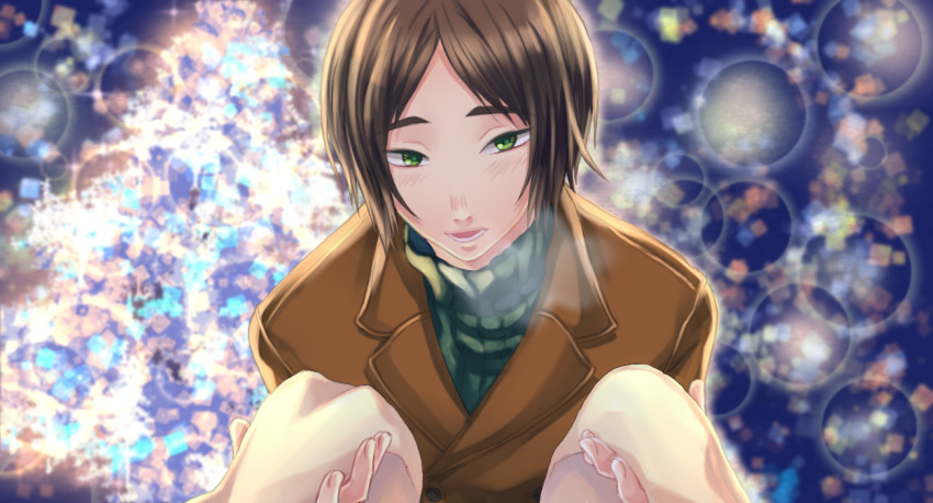 1boy, bangs, blue_background, blush, brown_coat, brown_hair, coat, green_eyes