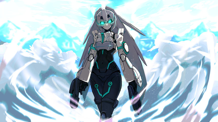 1girl, aqua_eyes, commentary, crossed_legs, derivative_work, dual_wielding, glowing, glowing_eyes, gun, gundam, gundam_build_divers, gundam_build_divers_re:rise, handgun, highres, holding, holding_gun, holding_weapon, looking_at_viewer, may_(gundam_build_divers_re:rise), mountain, no_humans, pistol, screencap_redraw, standing, weapon, wing_(wingho)