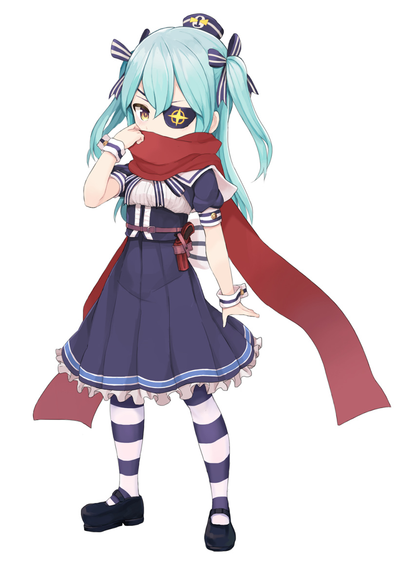 1girl, black_eyepatch, blue_eyes, dress, flare_gun, full_body, hair_ribbon, hat