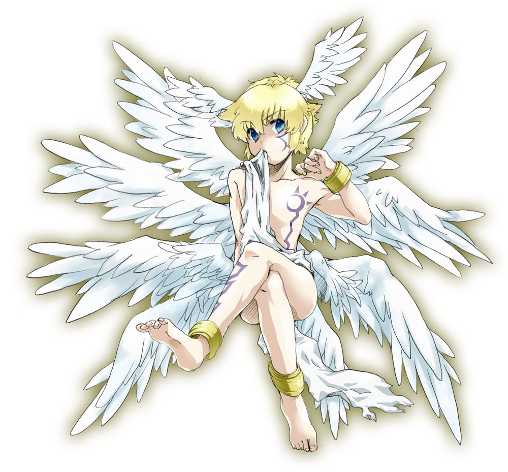 1boy, anklet, barefoot, blonde_hair, blue_eyes, bracelet, crossed_legs, digimon, feet, hair_between_eyes, head_wings, jewelry, looking_at_viewer, lucemon, multiple_wings, o_deko, seraph, simple_background, solo, thighs, white_background, wings