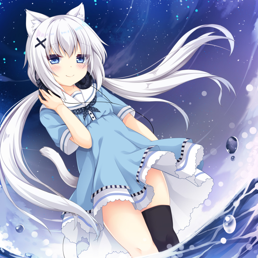 1girl, absurdres, animal_ear_fluff, animal_ears, bangs, black_legwear, blue_dress, blue_eyes
