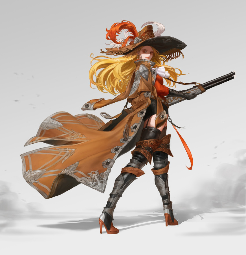 1girl, absurdres, armor, black_gloves, black_legwear, blonde_hair, brown_coat, brown_headwear