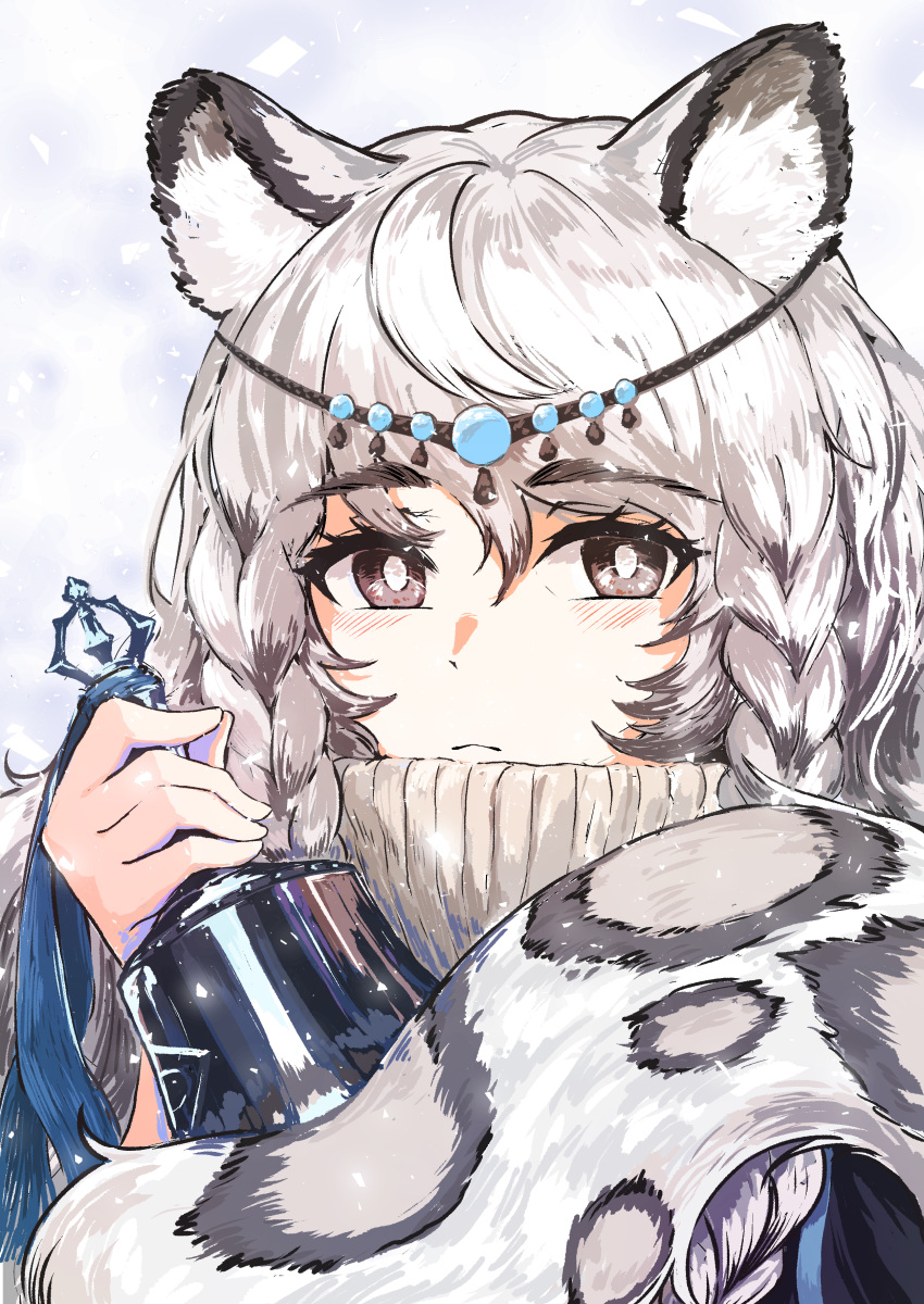 1girl, absurdres, animal_ears, arknights, bell, blush, braid, brown_eyes