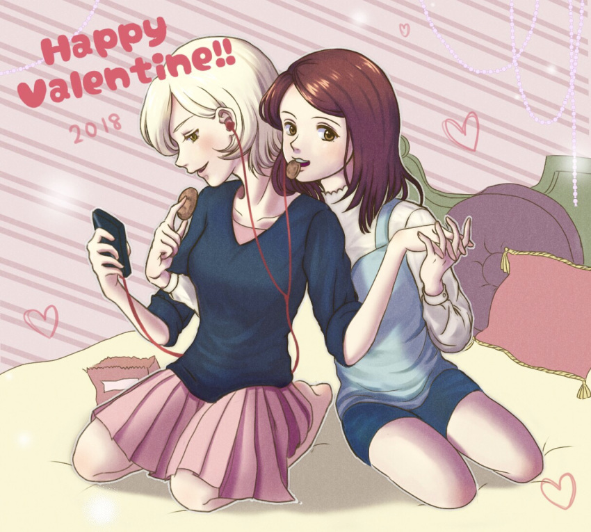 2018, 2girls, bag, barefoot, bed, blonde_hair, blue_shirt, blue_shorts