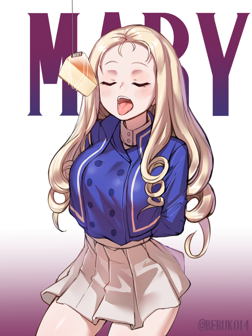1girl, arms_behind_back, background_text, bc_freedom_military_uniform, beruko_(rladustns50), blonde_hair, blue_jacket, blue_vest