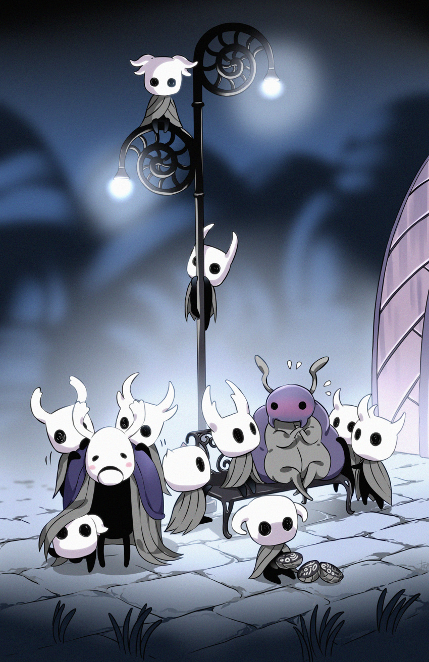 6+others, arizuka_(catacombe), bench, blush, bretta_(hollow_knight), climbing, cloak, commentary
