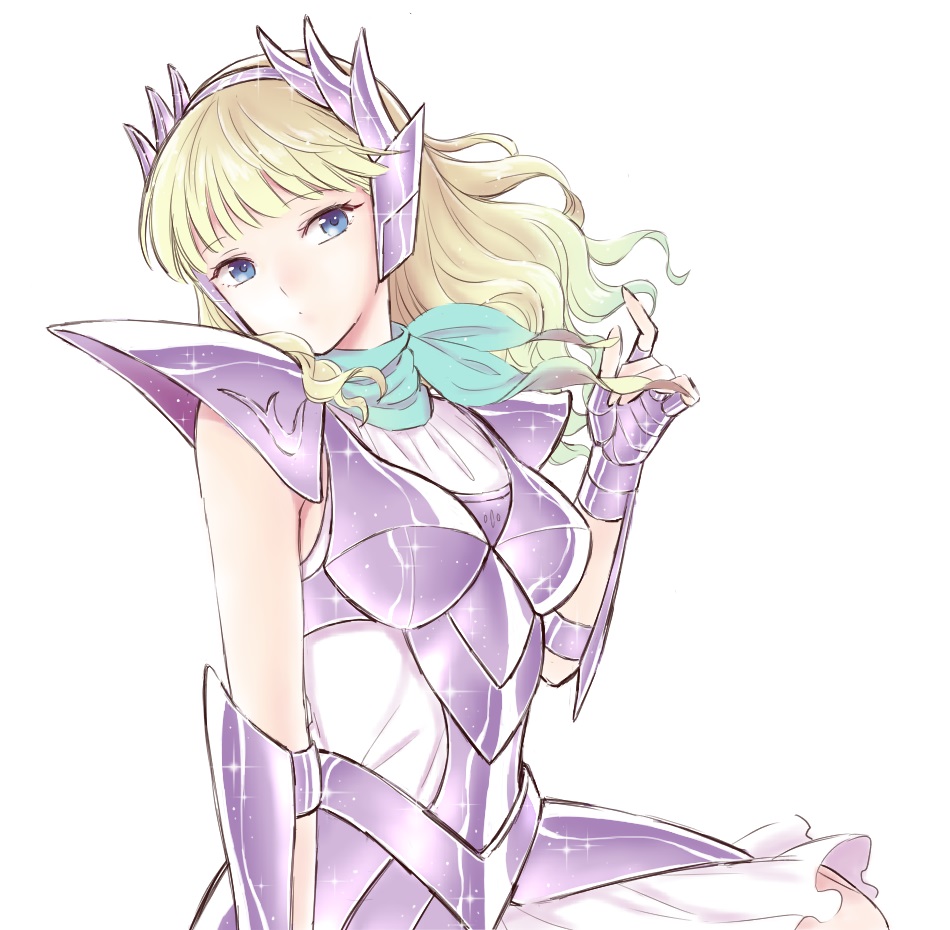1girl, armor, armored_dress, blonde_hair, blue_eyes, blue_neckwear, closed_mouth, delphinus_mii