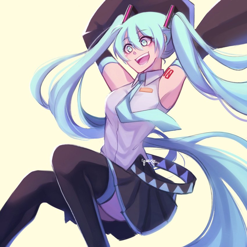 1girl, aqua_eyes, aqua_hair, aqua_neckwear, armpits, arms_up, bangs, black_legwear, black_skirt, black_sleeves, collared_shirt, detached_sleeves, eyebrows_visible_through_hair, feet_out_of_frame, graviqc, grey_shirt, hair_between_eyes, hatsune_miku, highres, knees_up, long_hair, long_sleeves, necktie, open_mouth, pleated_skirt, shirt, signature, simple_background, skirt, sleeveless, sleeveless_shirt, smile, solo, thigh-highs, twintails, very_long_hair, vocaloid, yellow_background