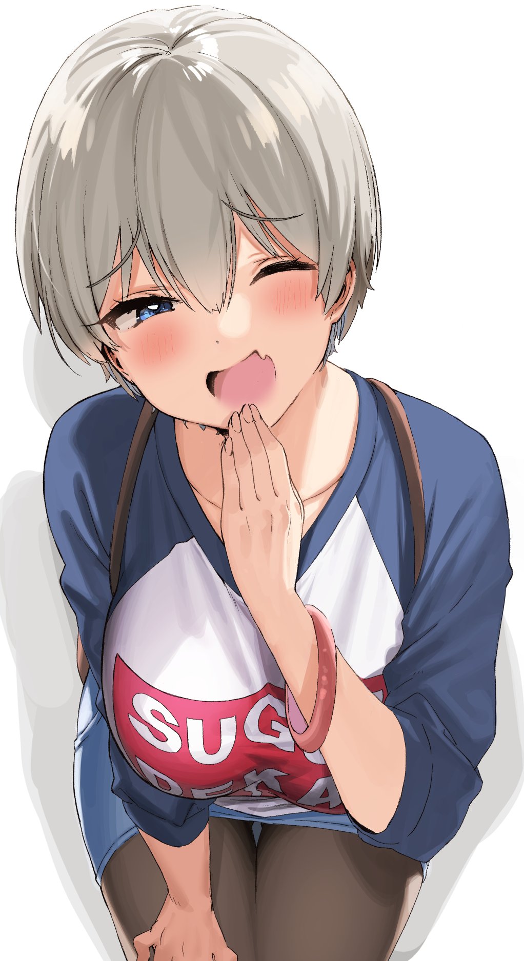 1girl, bangs, blue_eyes, blush, breasts, clothes_writing, fang, grey_hair