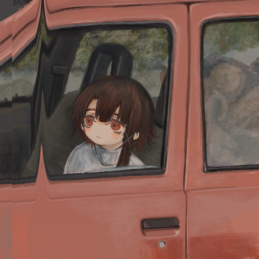 1girl, asymmetrical_hair, bangs, brown_hair, car, glitch, ground_vehicle, hair_between_eyes