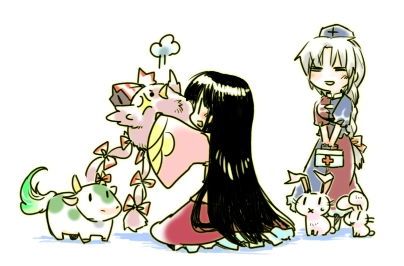 animalization, chibi, cow, everyone, first_aid, first_aid_kit, fujiwara_no_mokou, fujiwara_no_mokou_(phoenix)