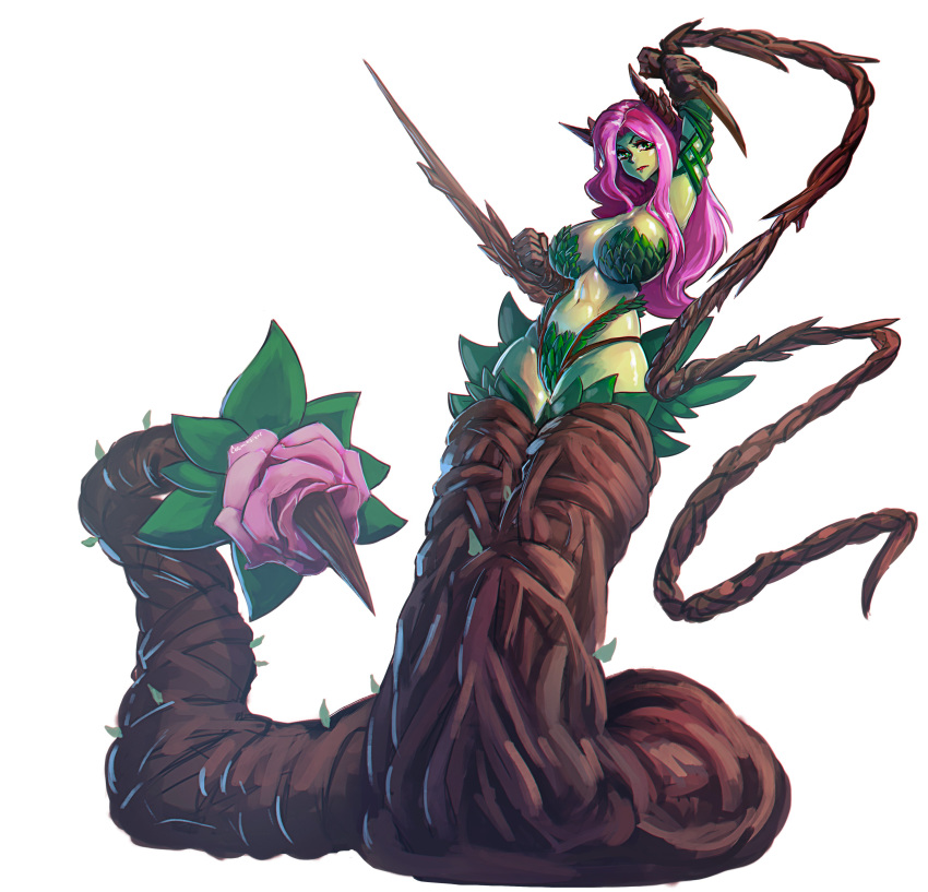1girl, absurdres, batman_(series), breasts, clenched_hands, cosmikaizer, english_commentary, flower, green_eyes, green_skin, highres, holding_whip, horns, lamia, large_breasts, leaf_bra, looking_down, monster_girl, navel, pink_hair, plant_girl, poison_ivy, red_lips, rose, thick_thighs, thighs, white_background, wrist_blades