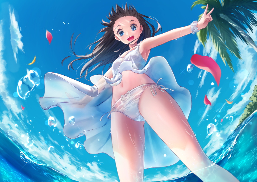 1girl, :d, ass_visible_through_thighs, black_hair, blue_eyes, blue_sky, blush, bow