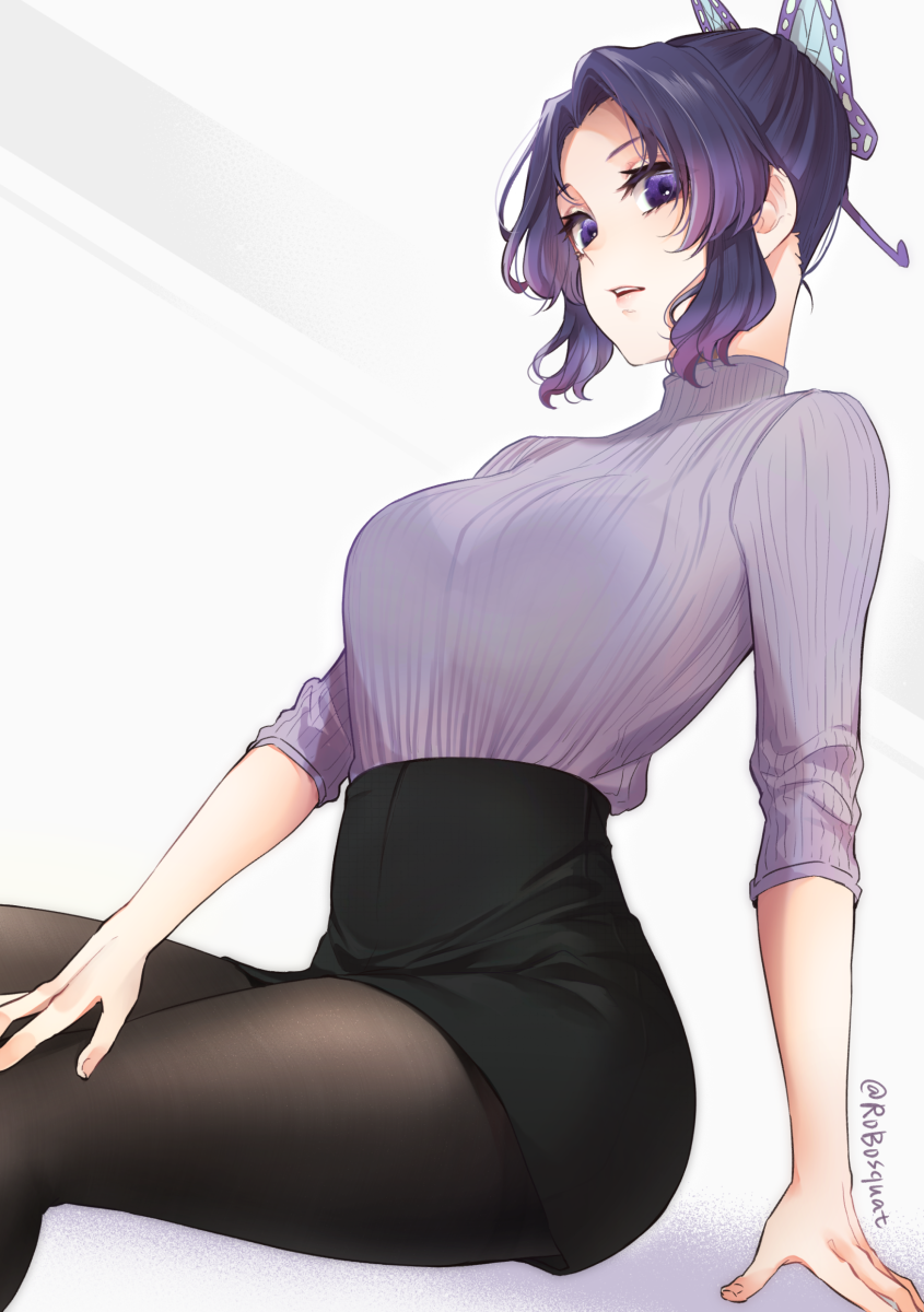 1girl, black_legwear, breasts, hair_ornament, highres, kimetsu_no_yaiba, kochou_shinobu, kyarotto_(zenkixd), office_lady, pantyhose, parted_lips, pencil_skirt, purple_hair, sitting, skirt, solo, sweater, turtleneck, turtleneck_sweater, violet_eyes