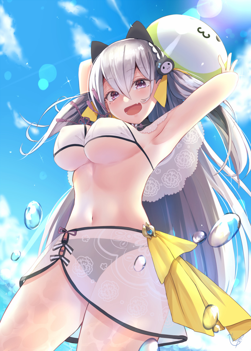 1girl, :d, animal_ears, arms_up, ball, bangs, beachball, bikini