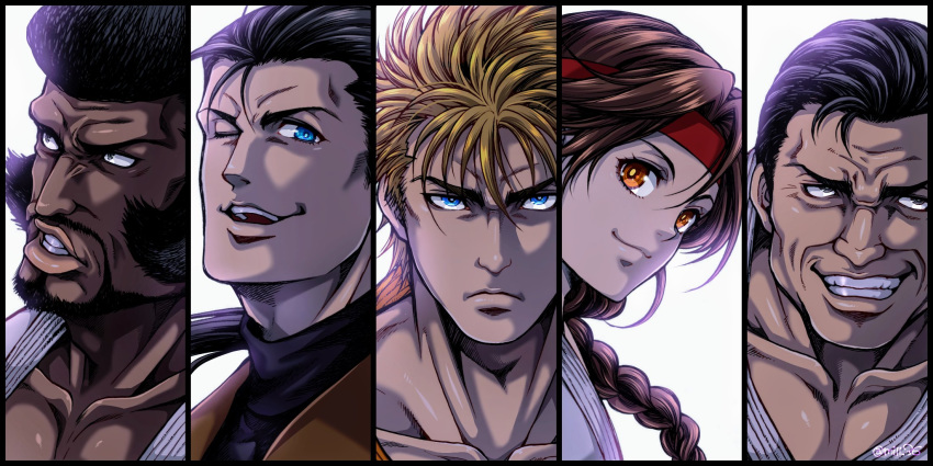 1girl, 4boys, blonde_hair, blue_eyes, braid, braided_ponytail, collarbone, column_lineup