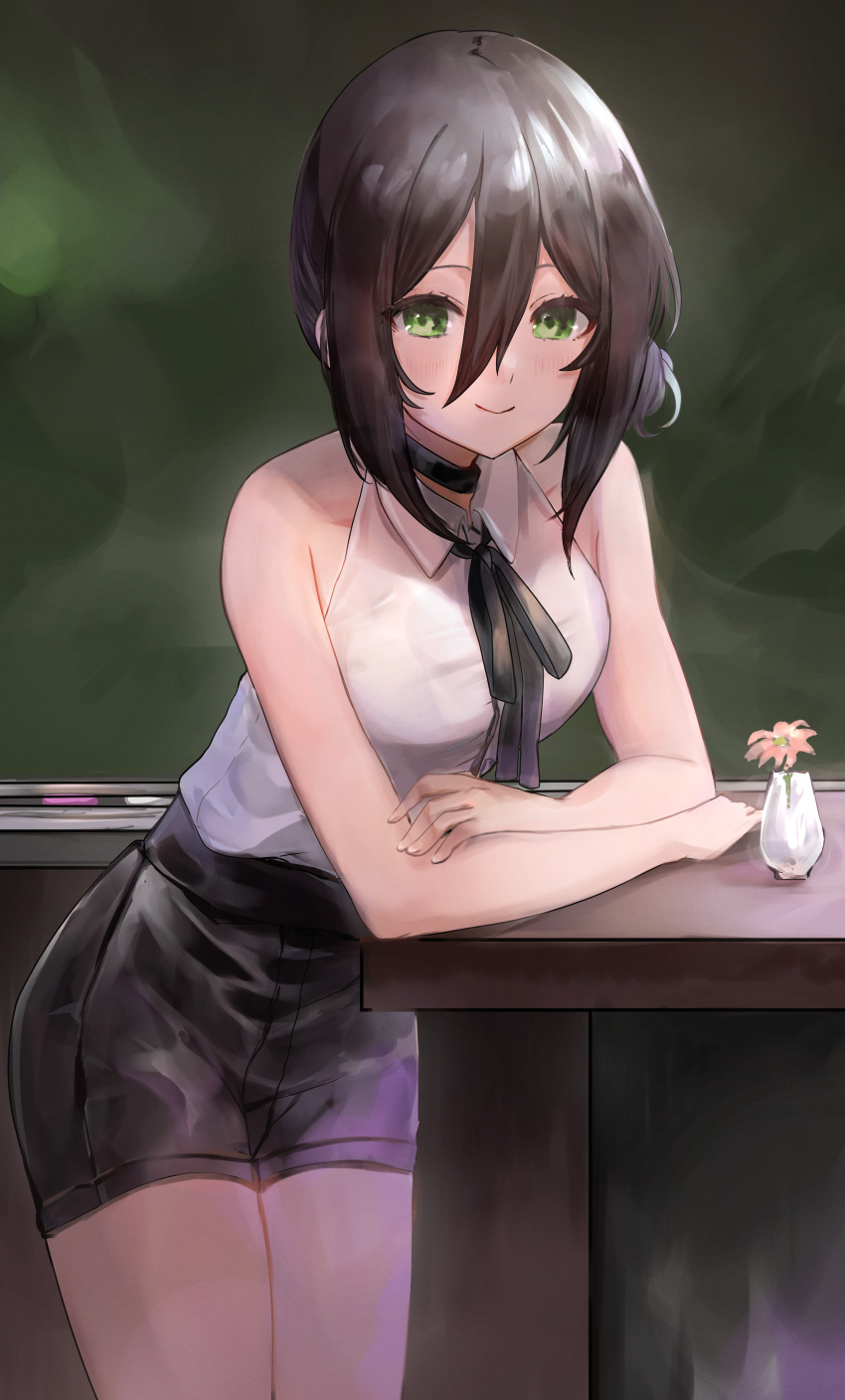 1girl, absurdres, artist_name, bare_shoulders, black_choker, black_hair, black_ribbon, black_shorts