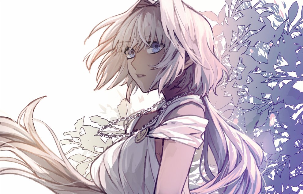 1girl, alternate_costume, blue_eyes, breasts, caenis_(fate), dark_skin, eyebrows_visible_through_hair, fate/grand_order, fate_(series), floating_hair, greek_clothes, hair_between_eyes, jewelry, lips, long_hair, looking_at_viewer, necklace, parted_lips, solo, toga, tsengyun, very_long_hair, white_background, white_hair