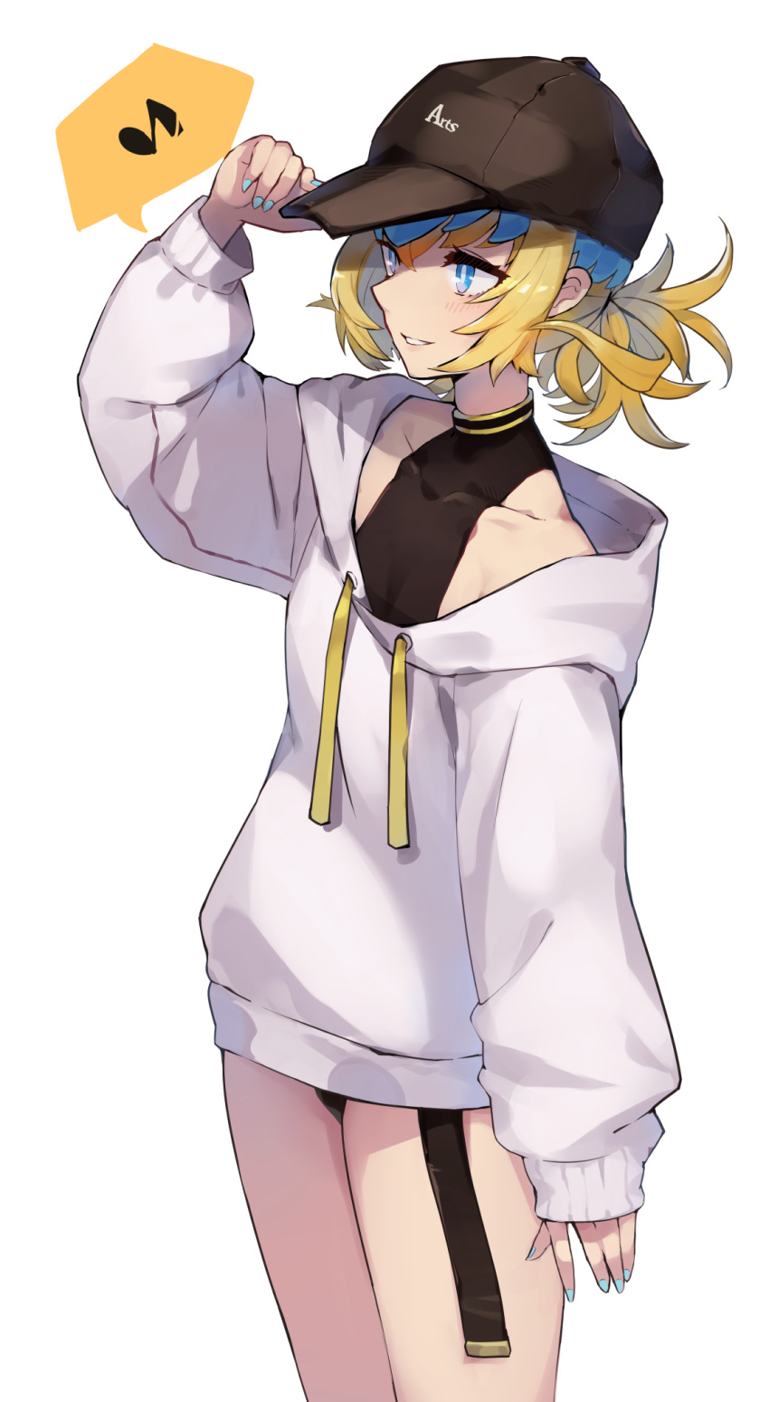 1girl, baseball_cap, blonde_hair, blue_eyes, blue_nails, blush, collarbone, commentary_request