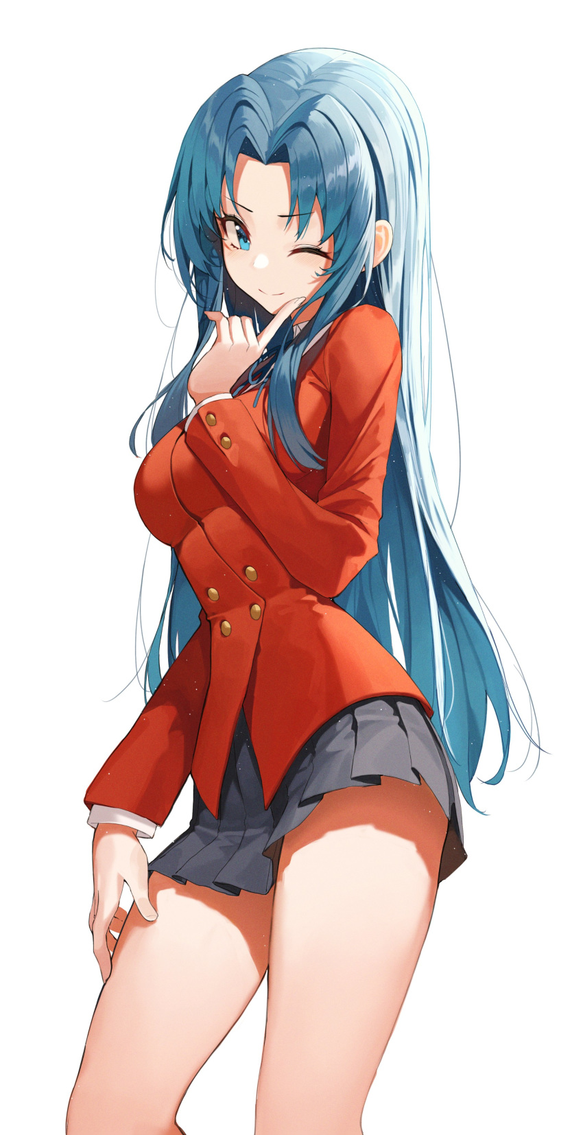 1girl, ;), absurdres, black_skirt, blazer, blue_eyes, blue_hair, blush