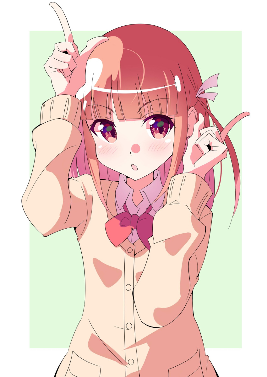 1girl, anzu_nanaki, bangs, blunt_bangs, bow, bowtie, brown_hair, cardigan