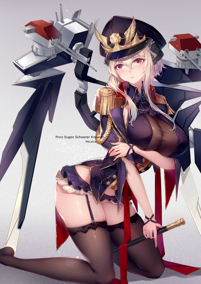 1girl, absurdres, black_legwear, blonde_hair, blue_oath, blush, breasts, character_name