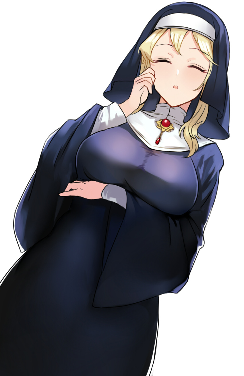 1girl, ashita_(2010), bangs, black_dress, blonde_hair, blush, breasts, brooch