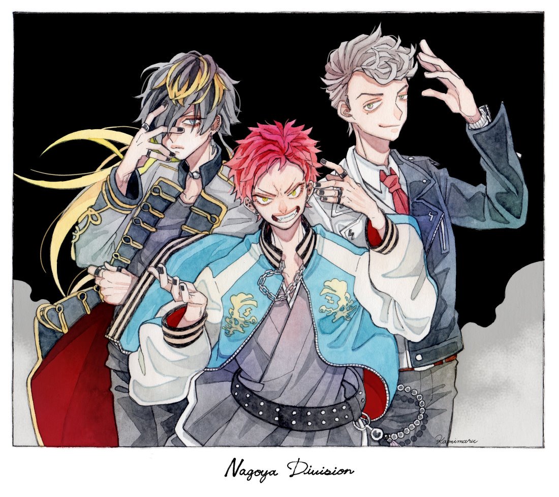 3boys, aimono_juushi, amaguni_hitoya, hair_over_one_eye, hand_on_own_face, harai_kuuko, hypnosis_mic, jacket